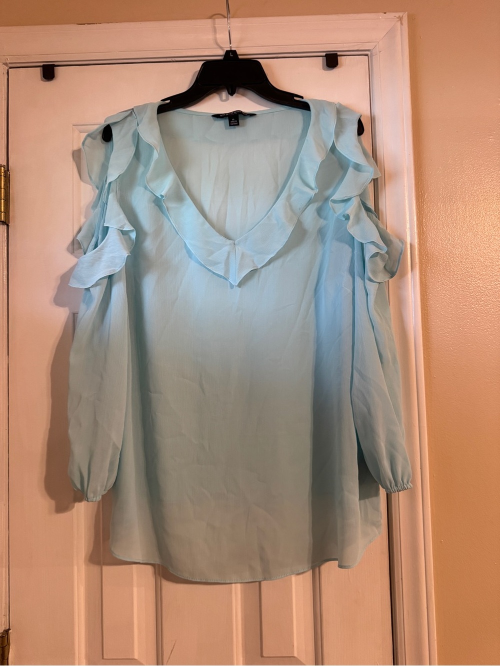 Sharagano Light Blue Ruffle Cold-Shoulder Blouse